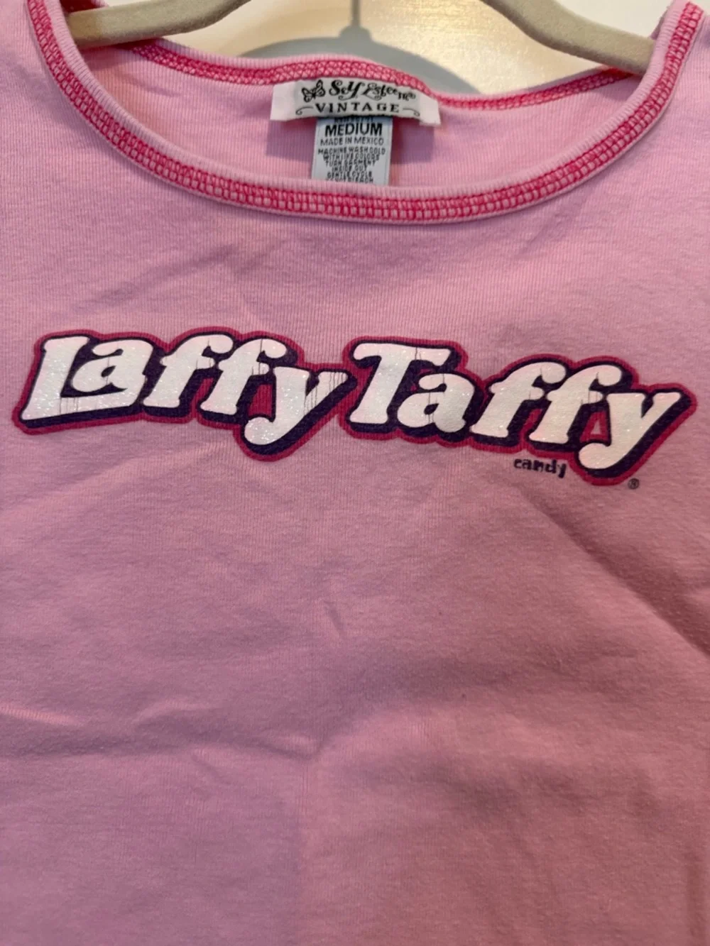 Y2K Vintage Pink Laffy Taffy Logo Short Sleeve Top Baby Tee - Picture 2 of 4